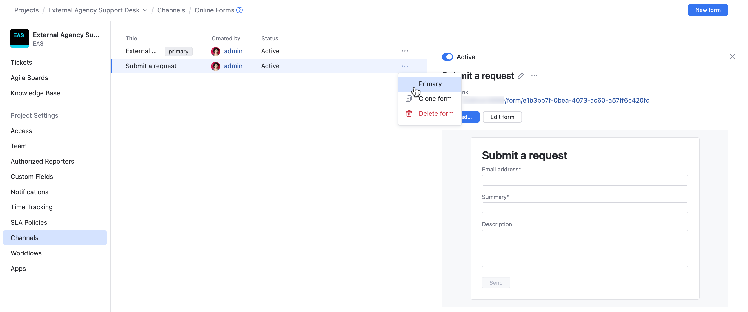 The option to set a primary form in a helpdesk project. The option to set a primary form in a helpdesk project.