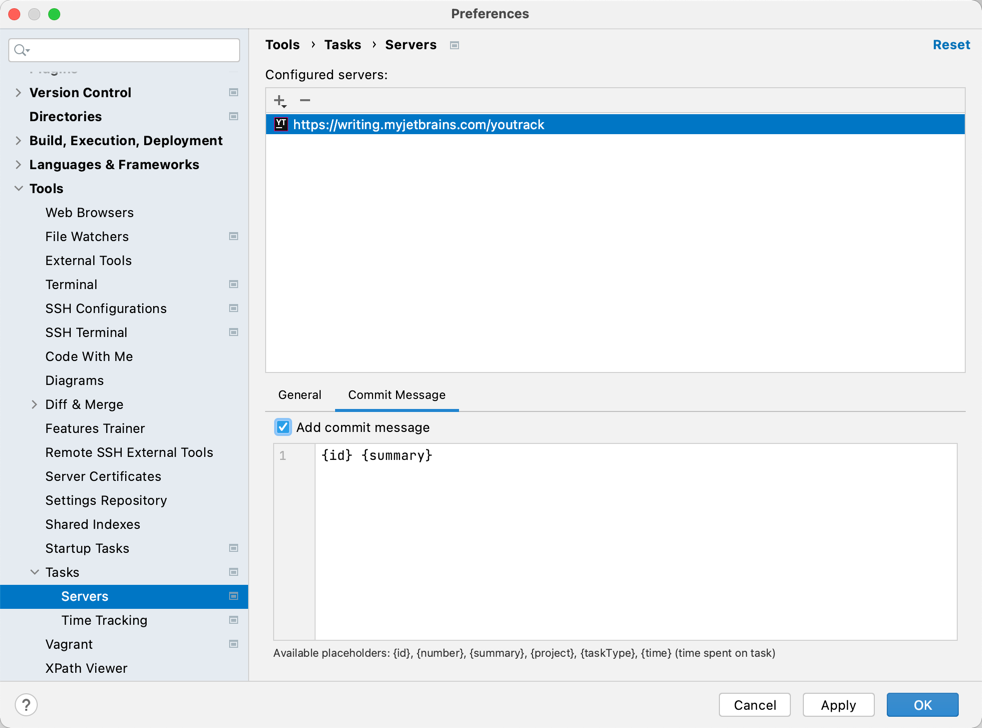 Options for adding a default commit message for YouTrack issues. Options for adding a default commit message for YouTrack issues.
