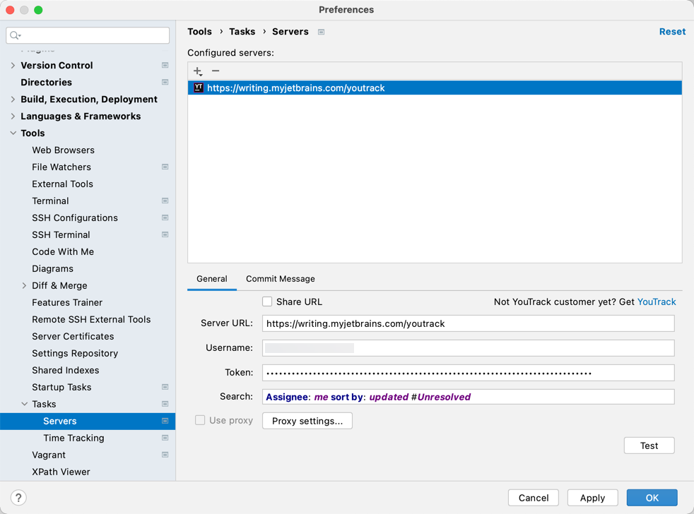 General configuration options for connection to a YouTrack server. General configuration options for connection to a YouTrack server.