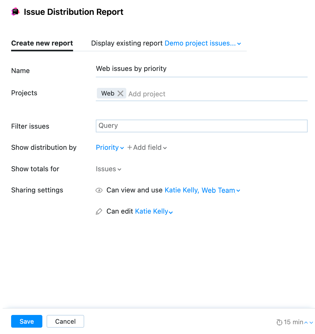 Issue Distribution Report widget example configuration Issue Distribution Report widget example configuration