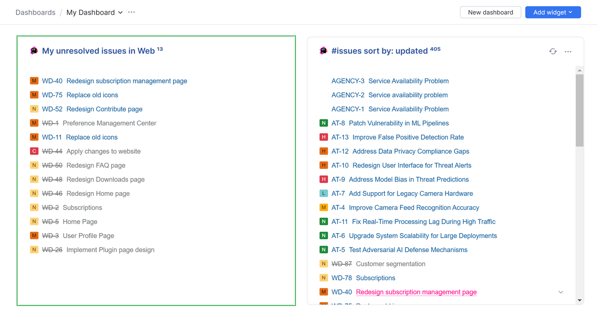 Issue List widget example Issue List widget example