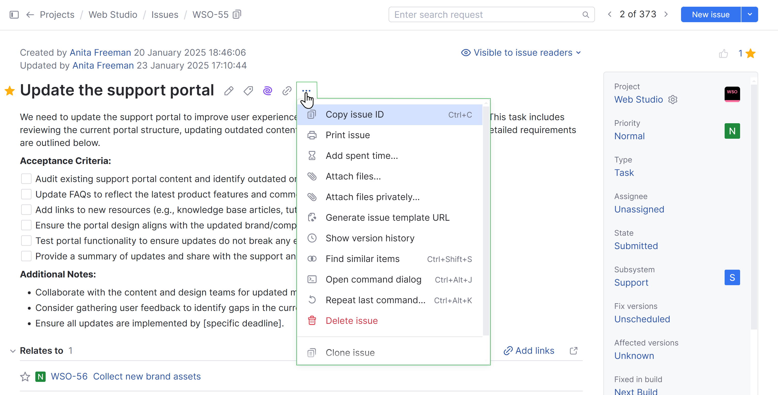 The Show More menu in the issue toolbar. The Show More menu in the issue toolbar.