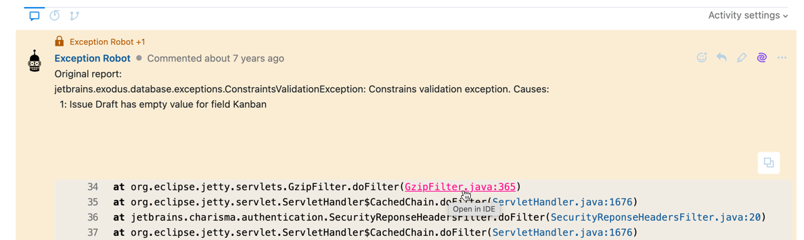 Java stack trace in a YouTrack issue. Java stack trace in a YouTrack issue.