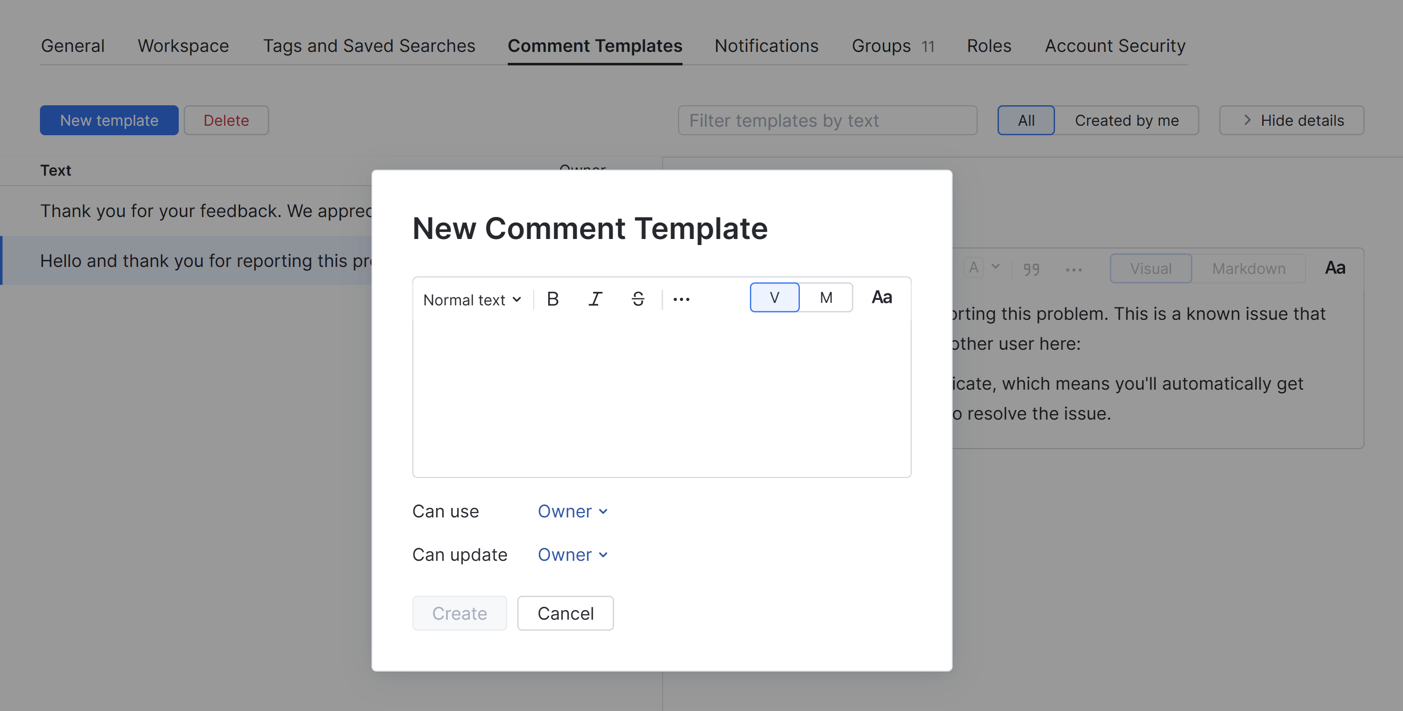 The dialog for adding a new comment template. The dialog for adding a new comment template.