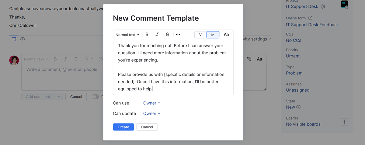 The New Comment Template dialog. The New Comment Template dialog.