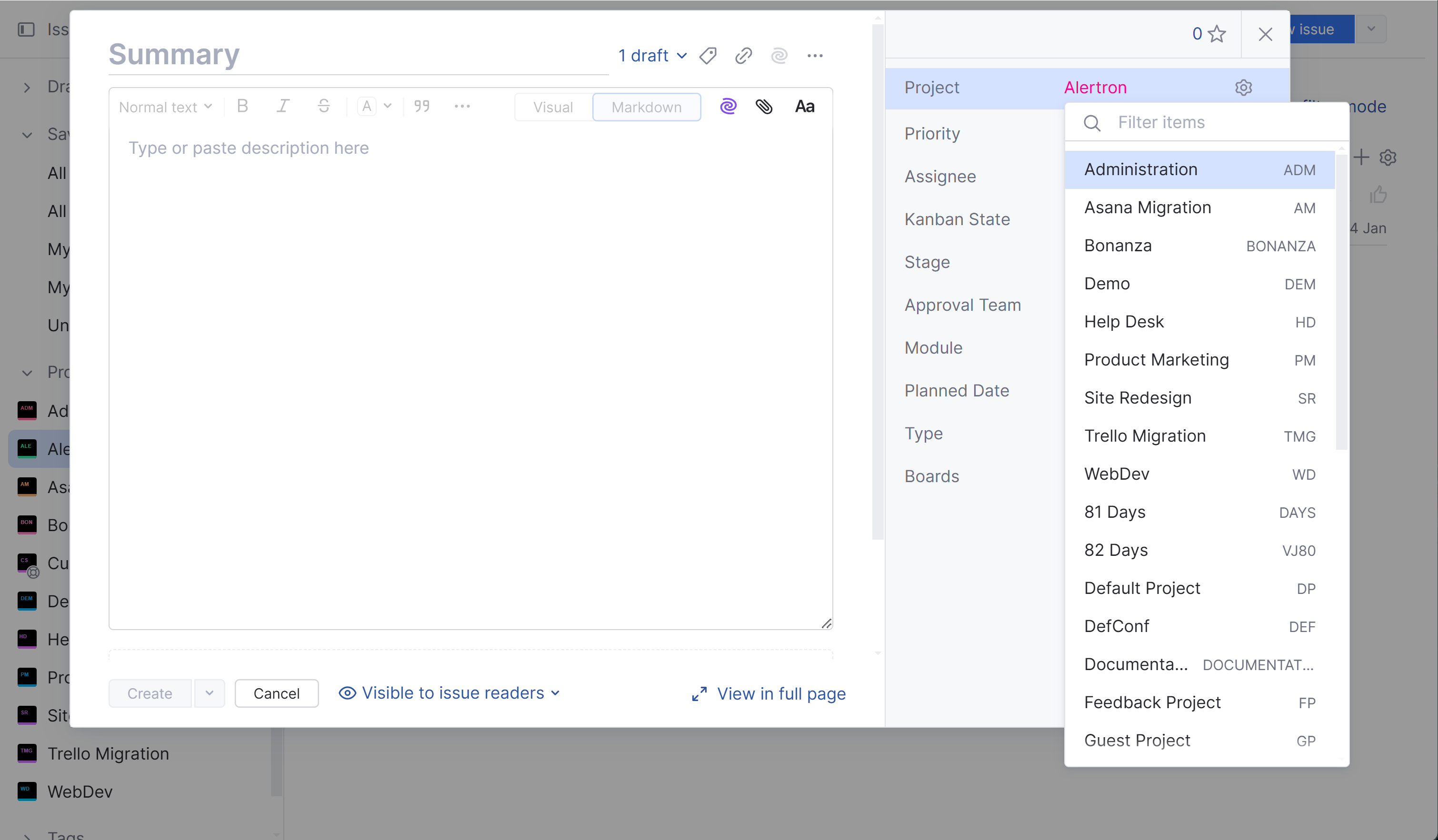 Project selector for a new issue. Project selector for a new issue.