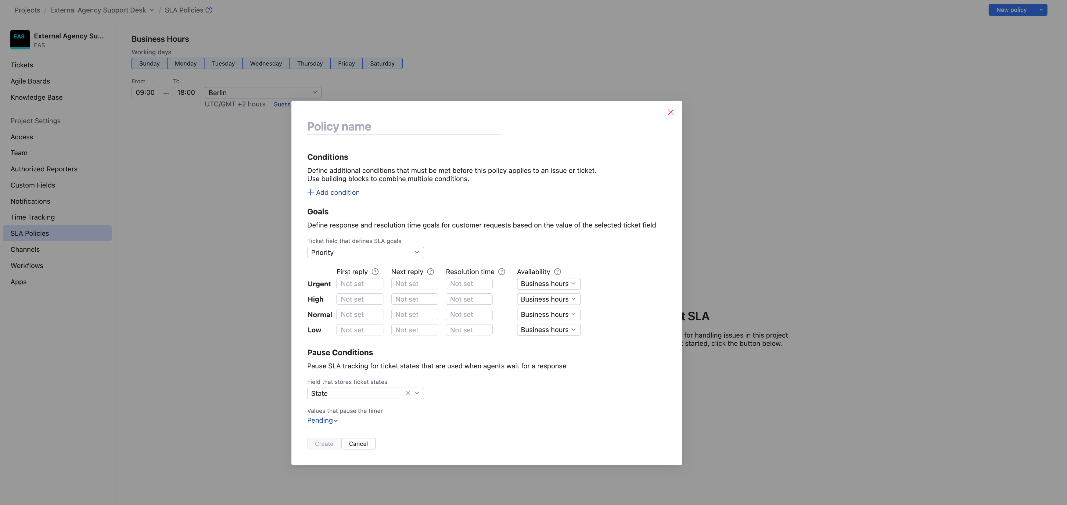 New SLA policy dialog New SLA policy dialog