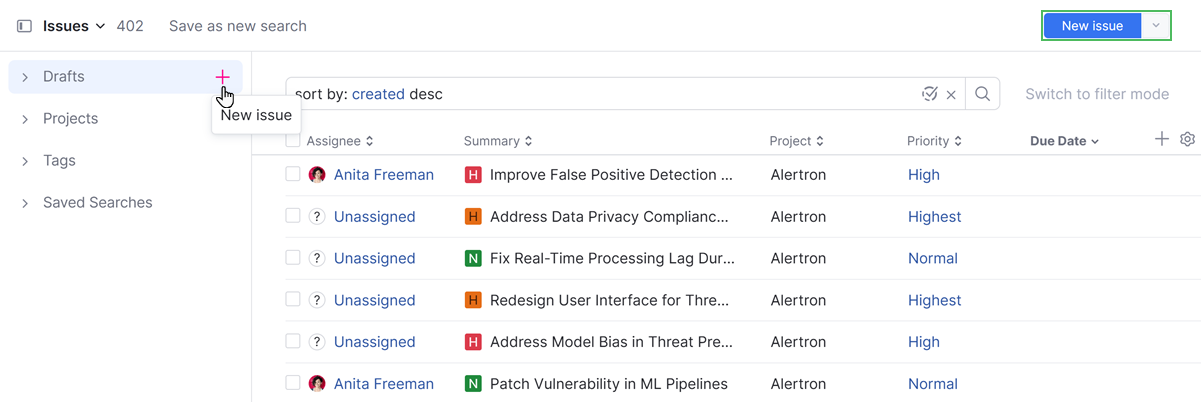 Options for creating new issues in YouTrack Options for creating new issues in YouTrack