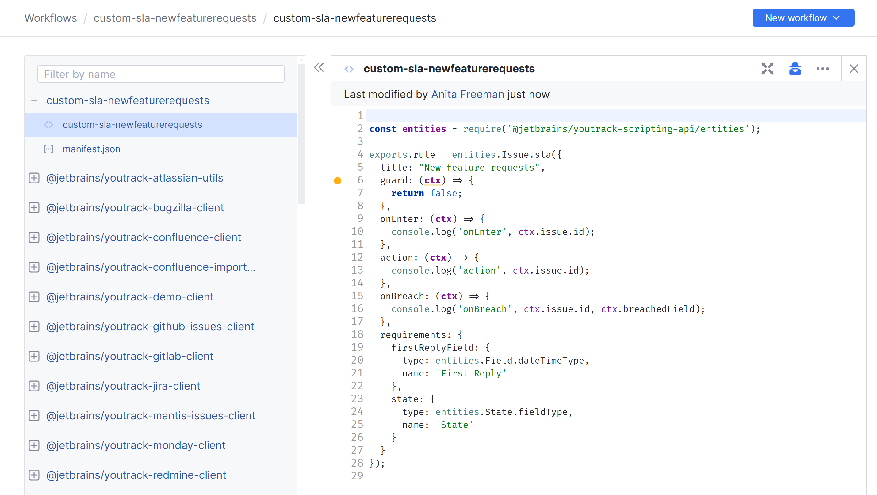 A new JavaScript SLA rule in the editor A new JavaScript SLA rule in the editor