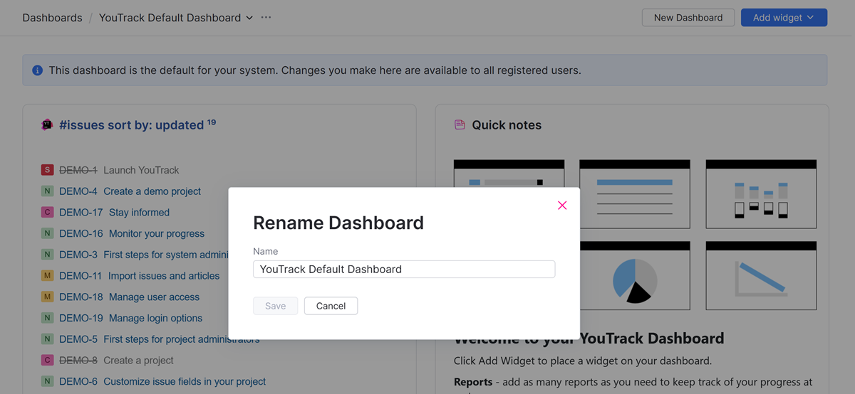 YouTrack's default dashboard. YouTrack's default dashboard.