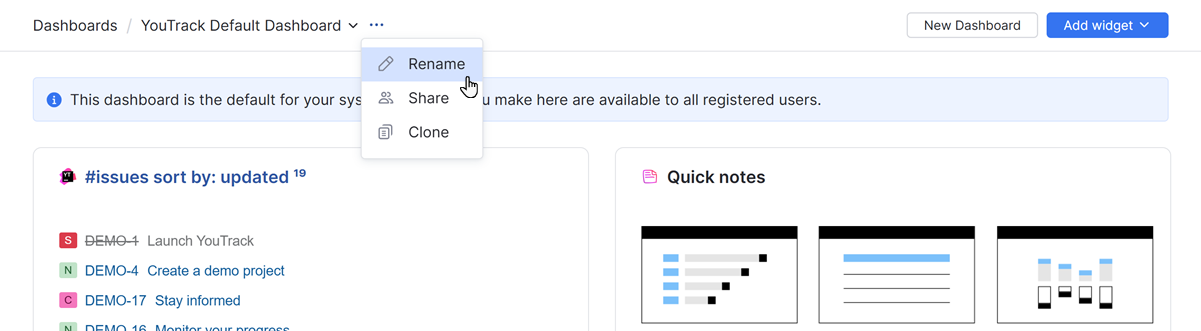 YouTrack's default dashboard. YouTrack's default dashboard.