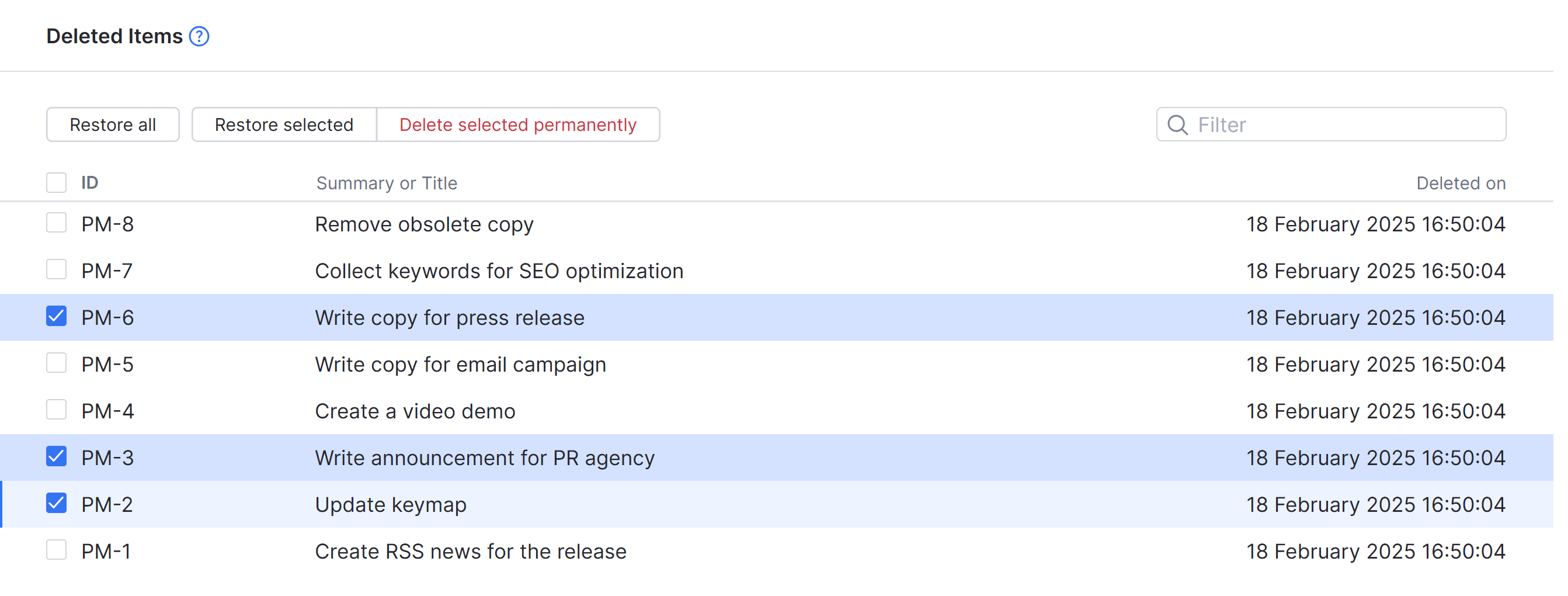 Restore recently deleted items. Restore recently deleted items.
