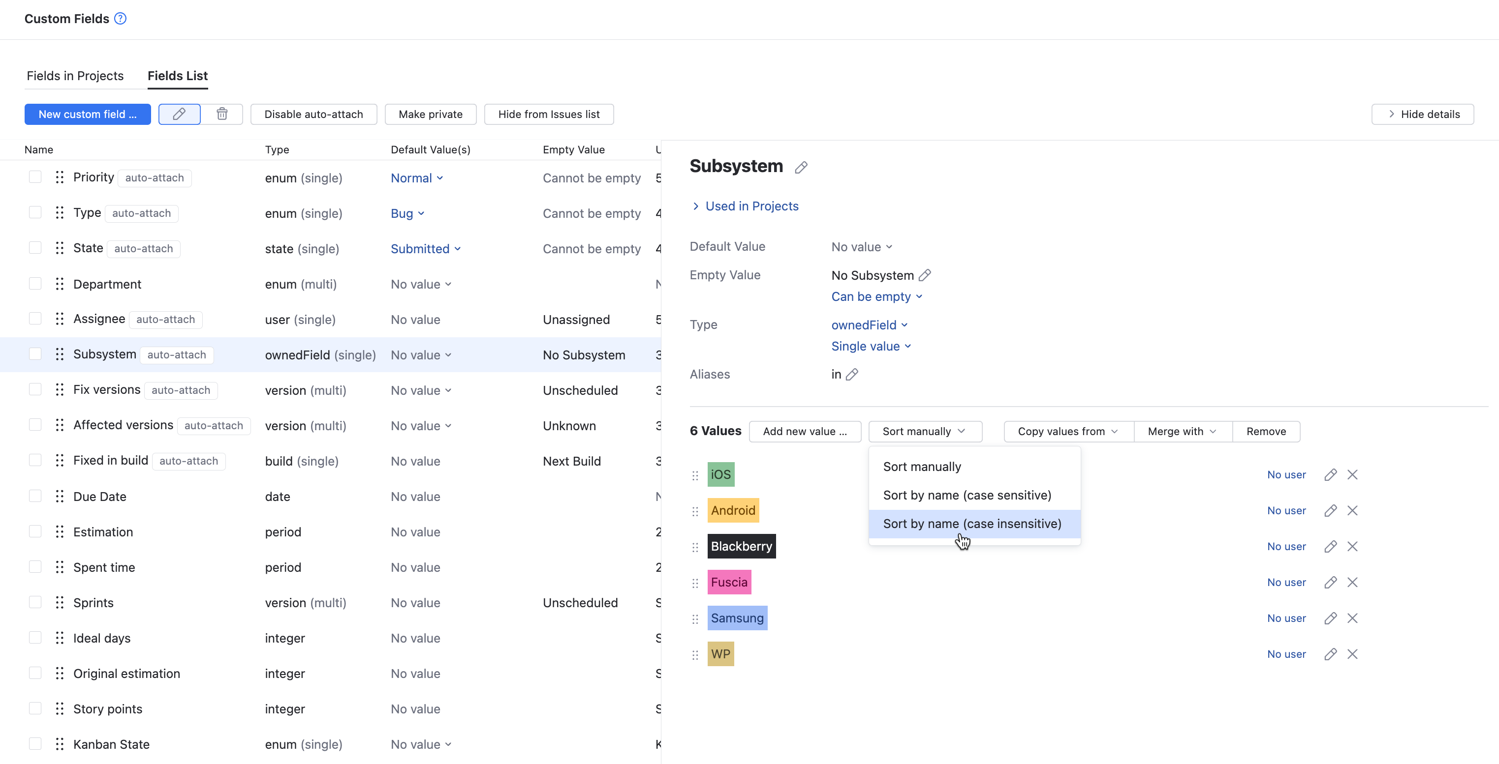 Sort values by name Sort values by name