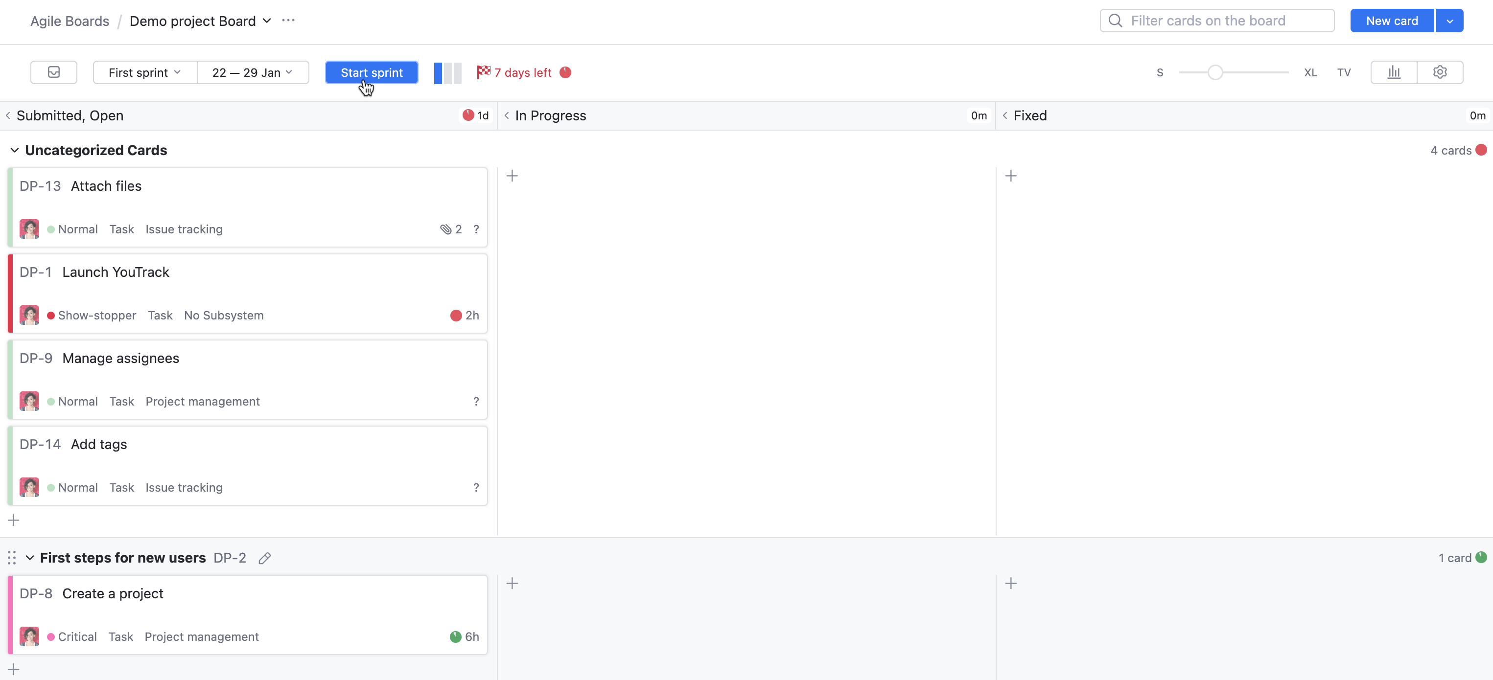 Option to start a sprint on an agile board. Option to start a sprint on an agile board.