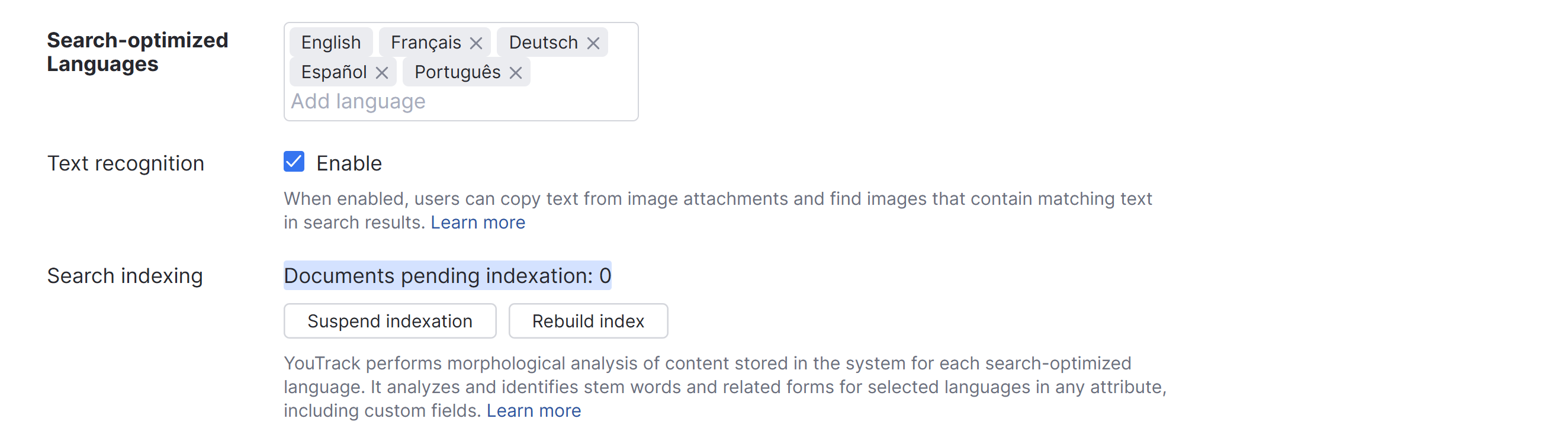 text index settings text index settings
