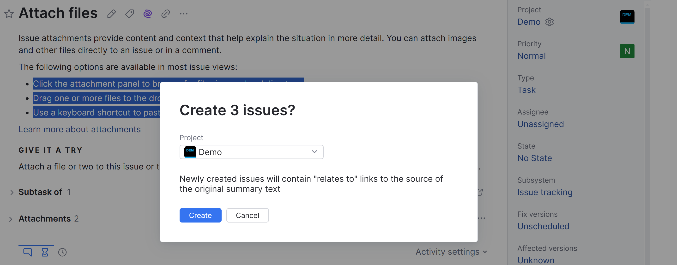 Confirmation message for creating multiple issues. Confirmation message for creating multiple issues.