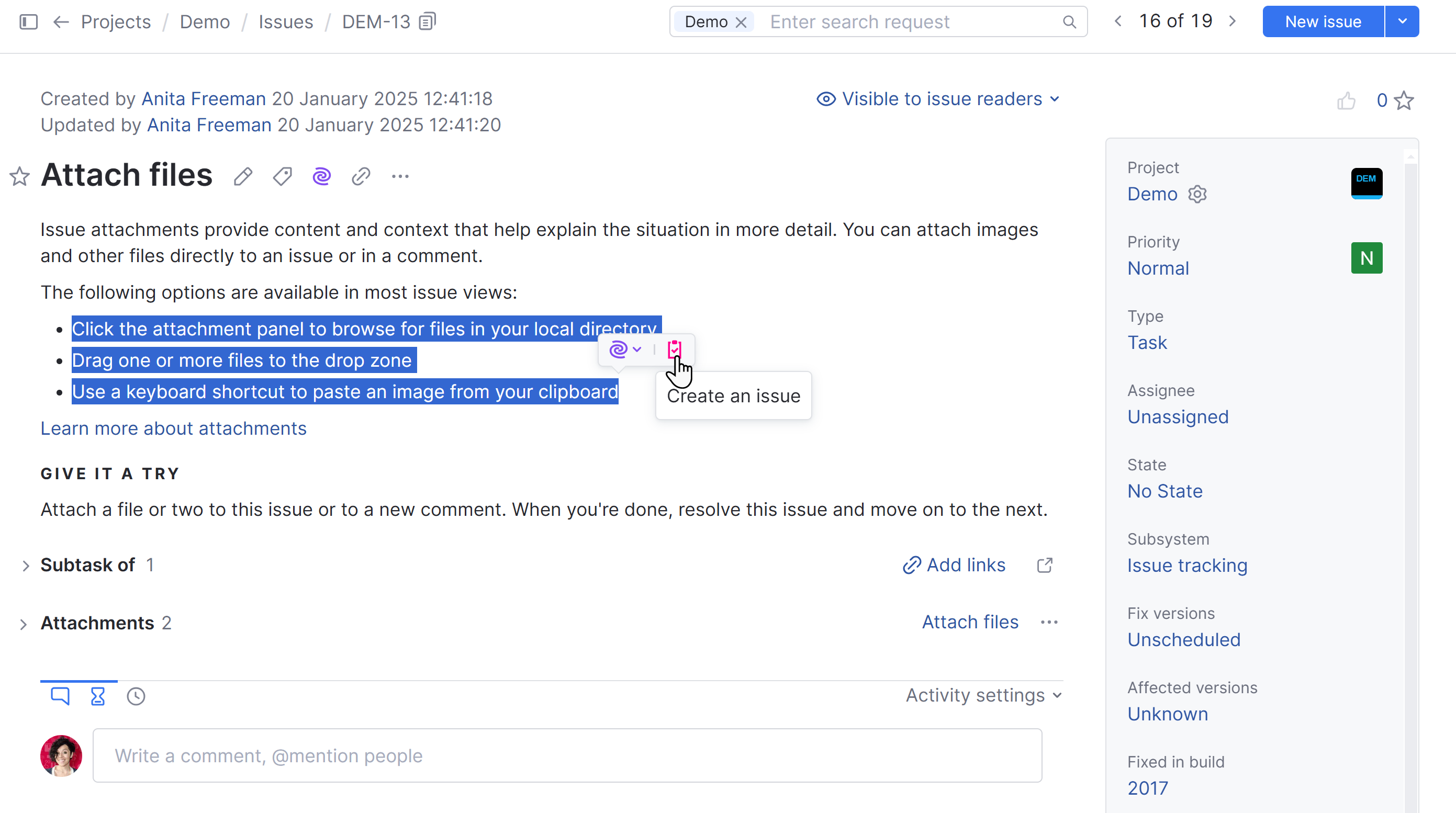 The action to create an issue from a block of text. The action to create an issue from a block of text.