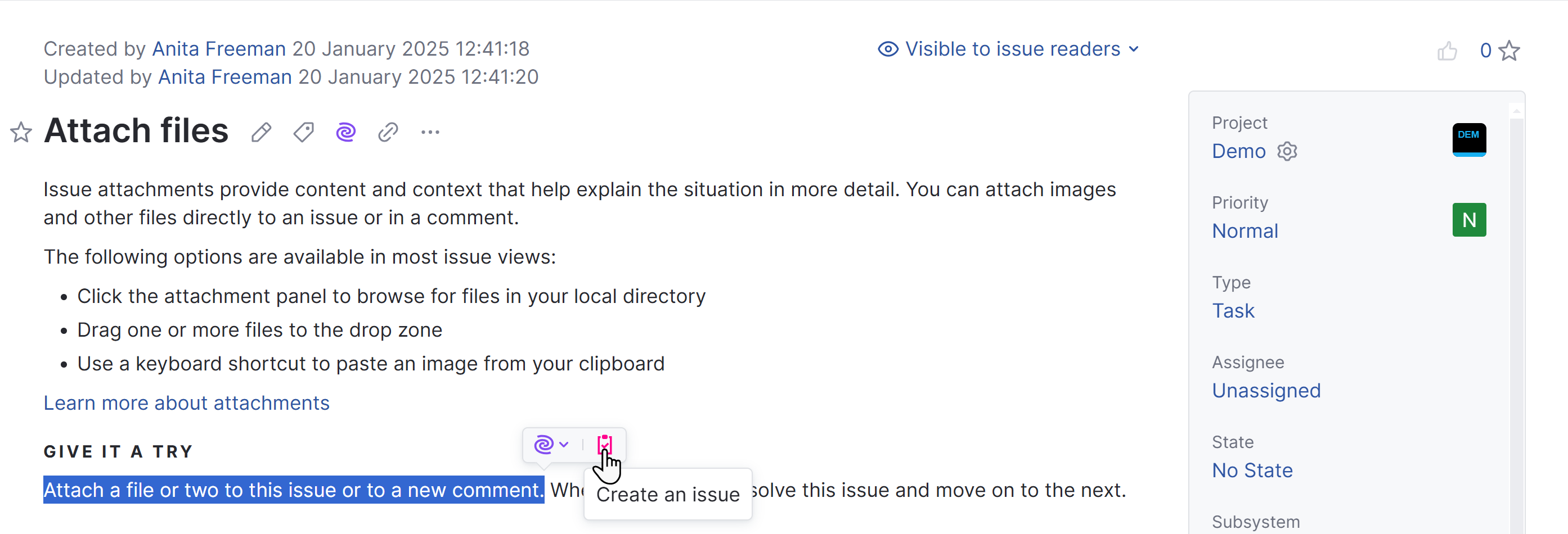 Action to create a new issue from the selected text. Action to create a new issue from the selected text.