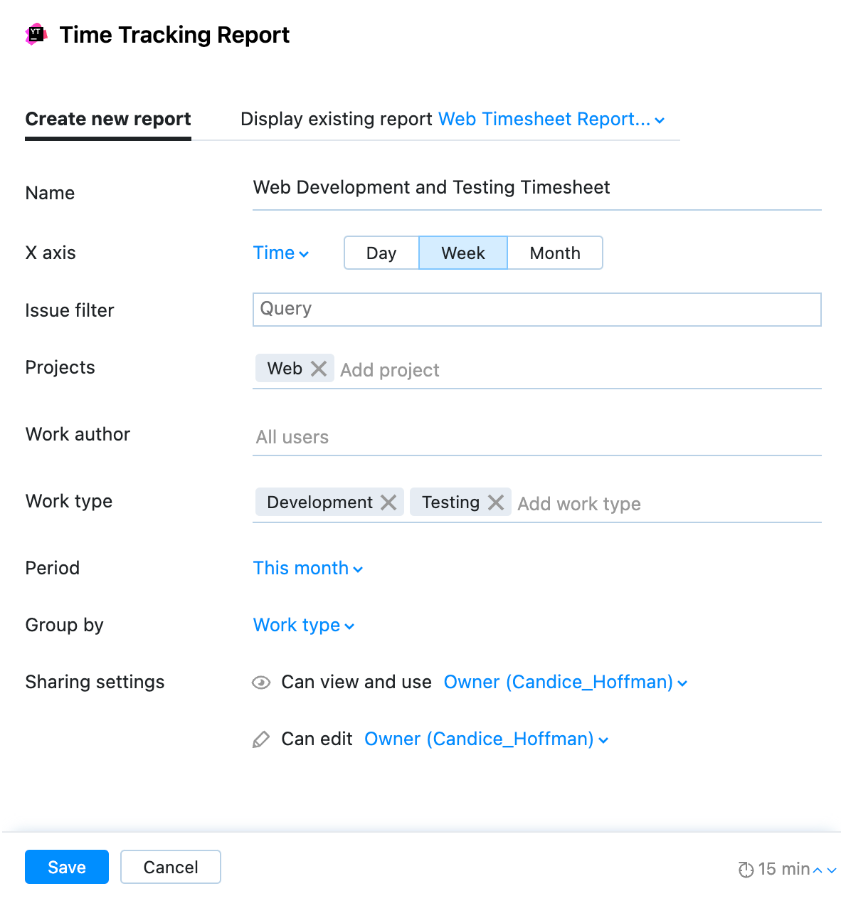 Time Tracking Report widget example settings Time Tracking Report widget example settings