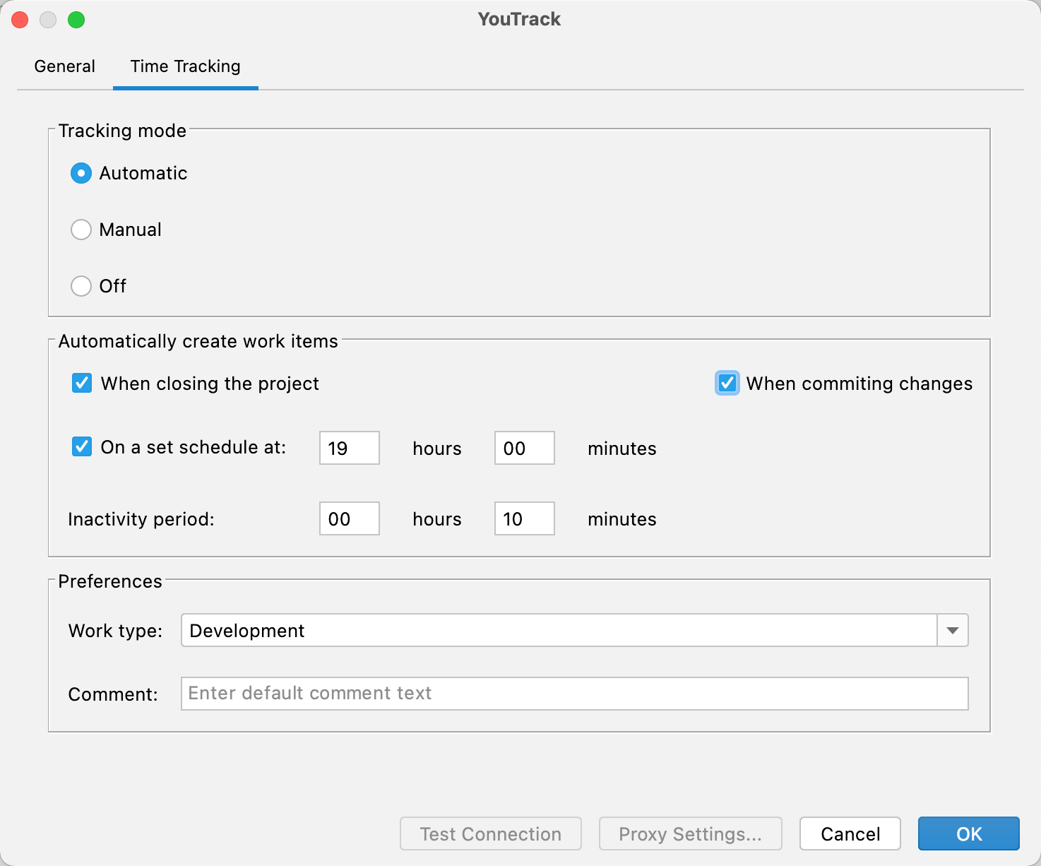 Time tracking settings in the plugin setup dialog. Time tracking settings in the plugin setup dialog.