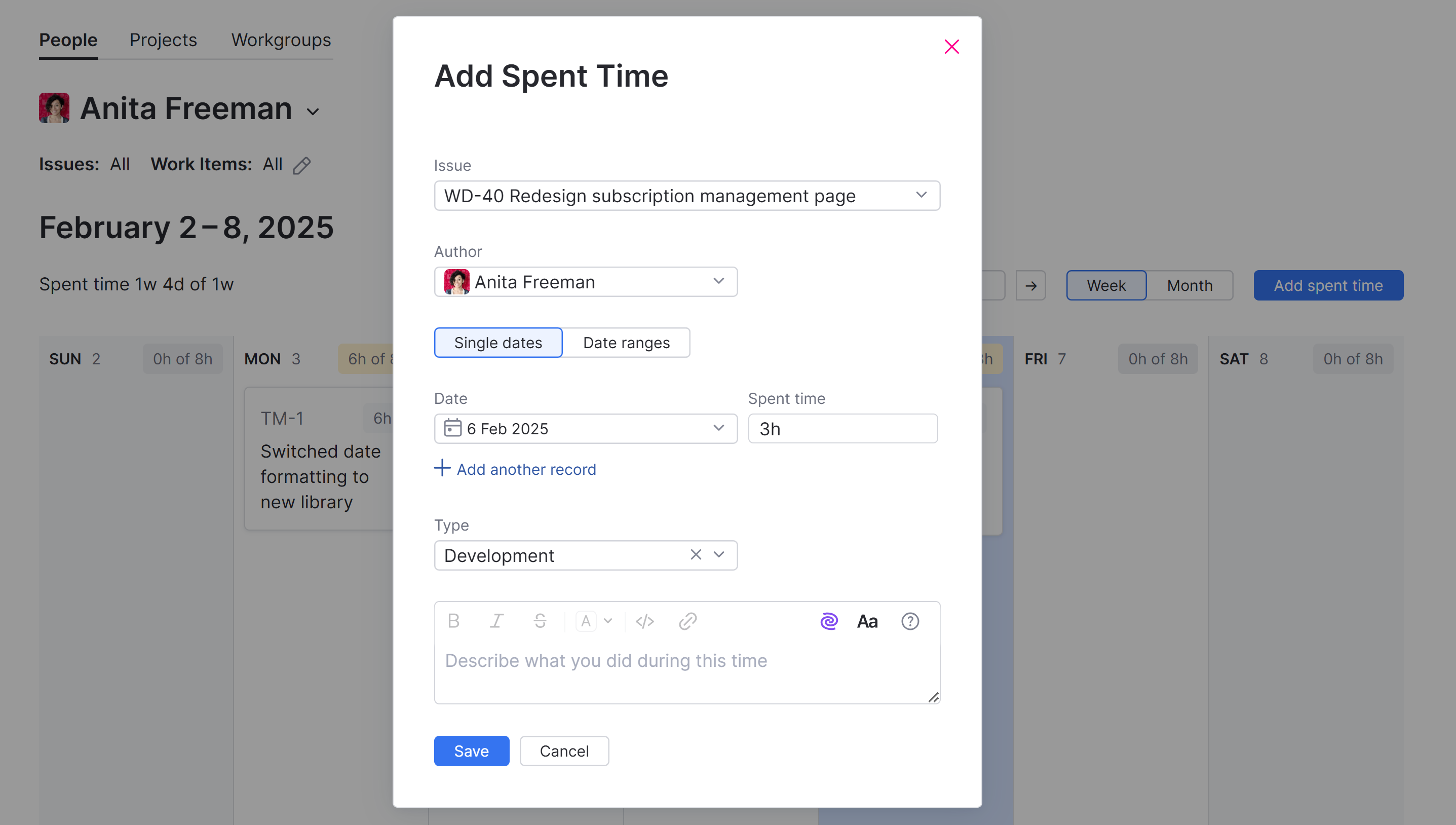 The dialog for adding spent time in the calendar view. The dialog for adding spent time in the calendar view.