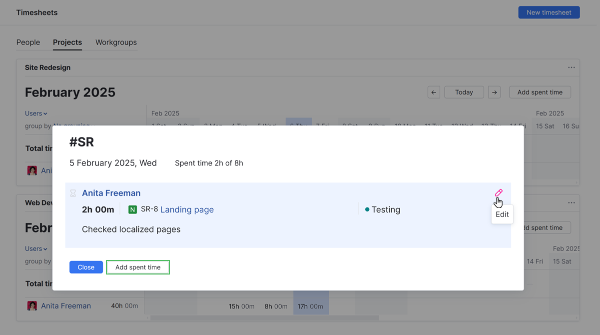 The dialog for viewing work activity for a specific cell in the table. The dialog for viewing work activity for a specific cell in the table.