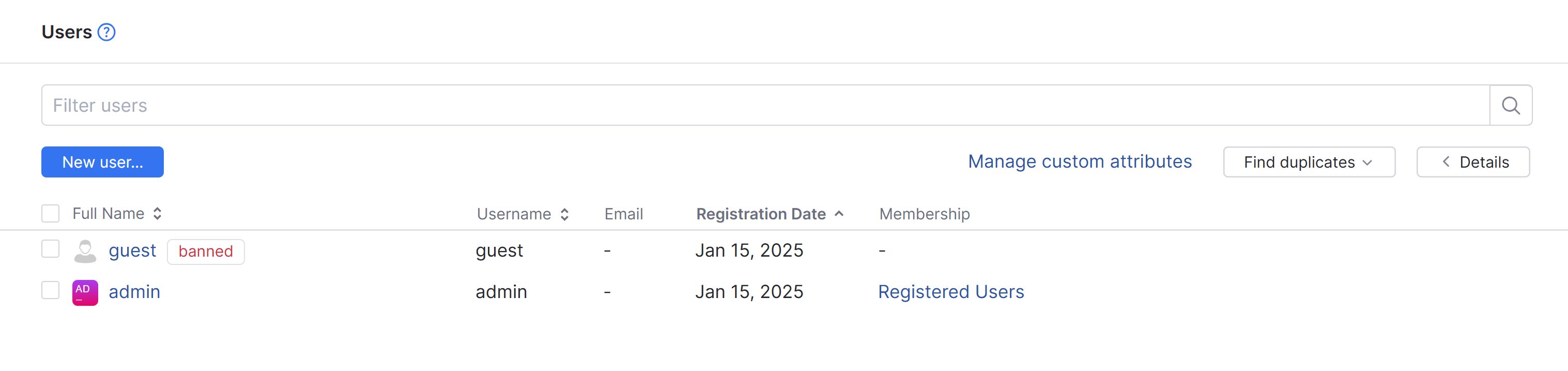 User accounts in a new instance. User accounts in a new instance.