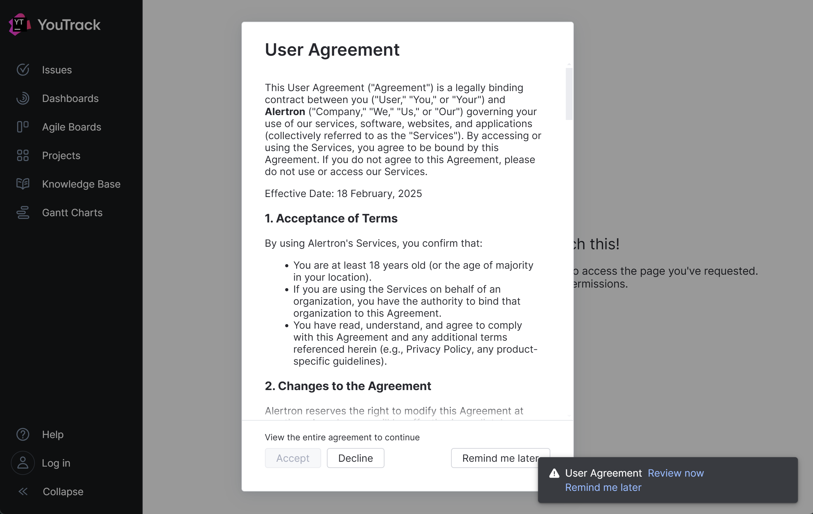 User agreement dialog User agreement dialog