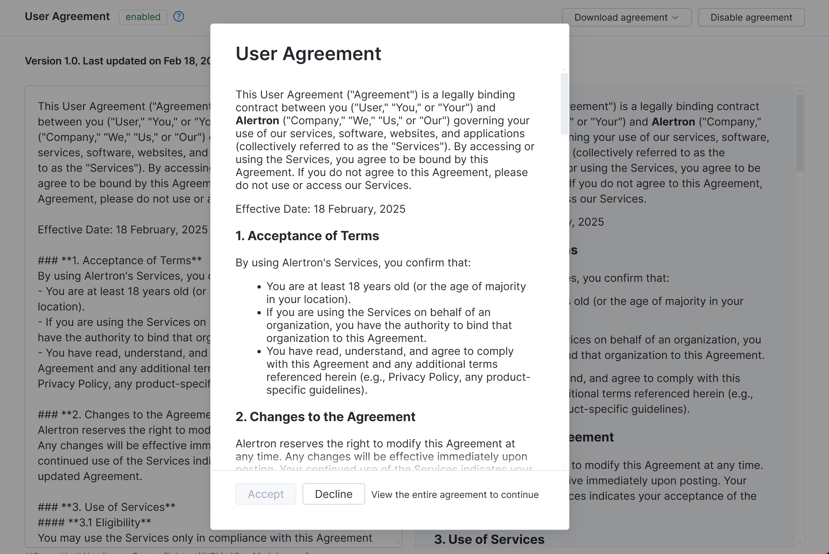 User agreement enabled User agreement enabled