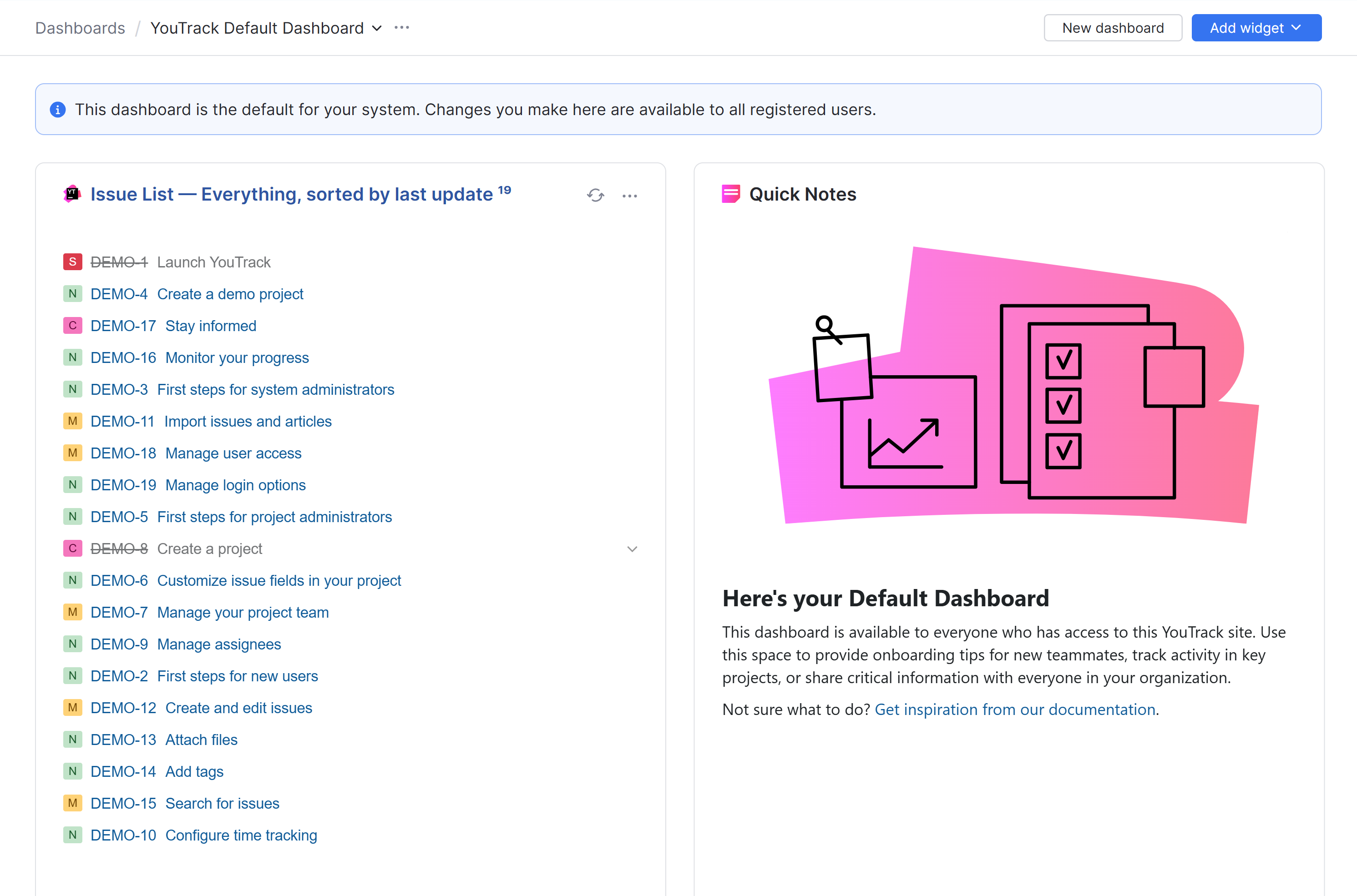 YouTrack's default dashboard. YouTrack's default dashboard.