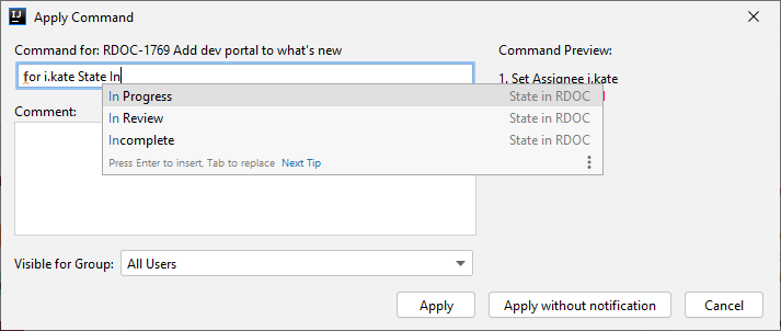 Youtrack Integration command dialog. Youtrack Integration command dialog.