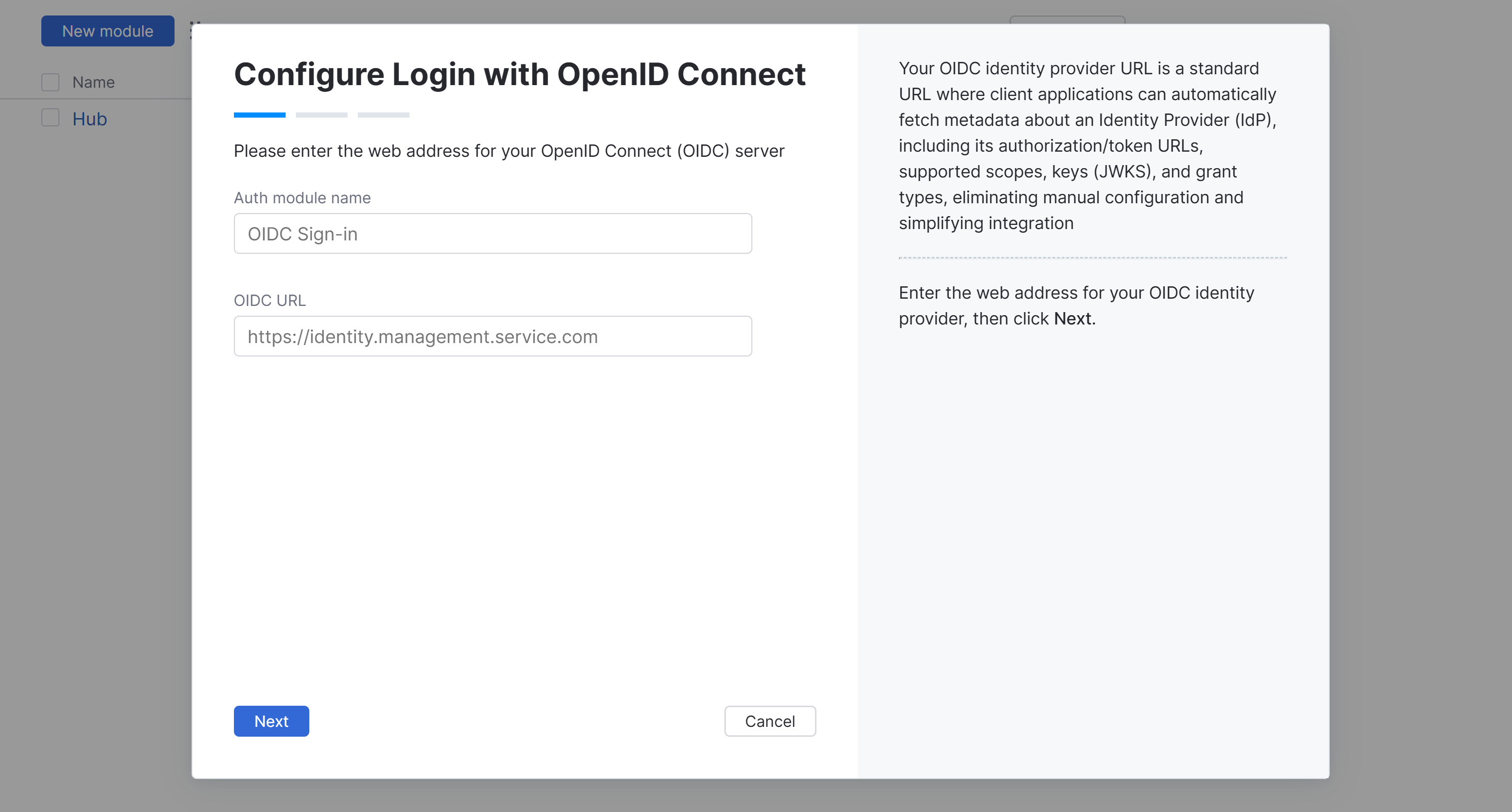 Wizard step for Auth module name and OIDC URL.