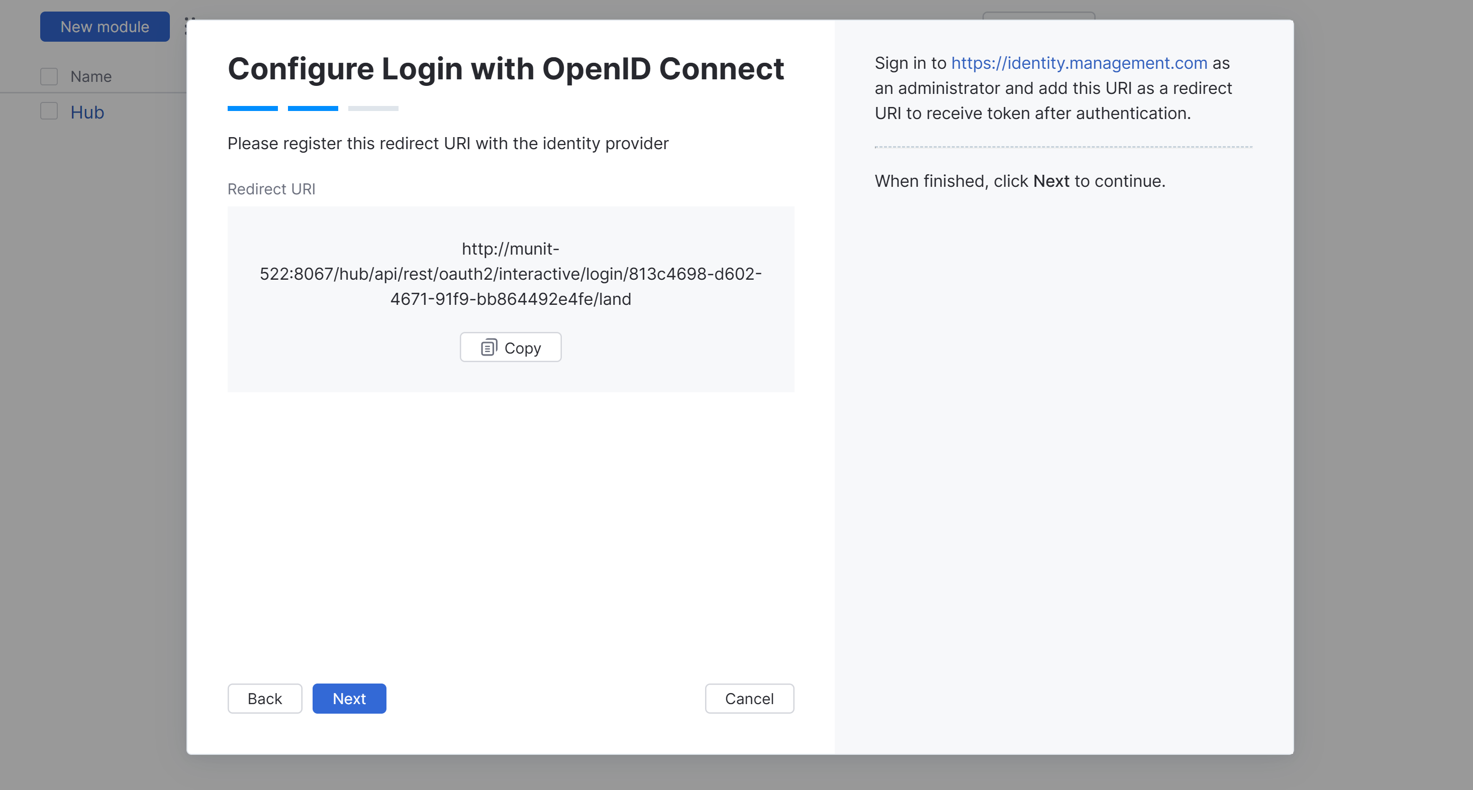 Wizard step to copy the redirect URI.