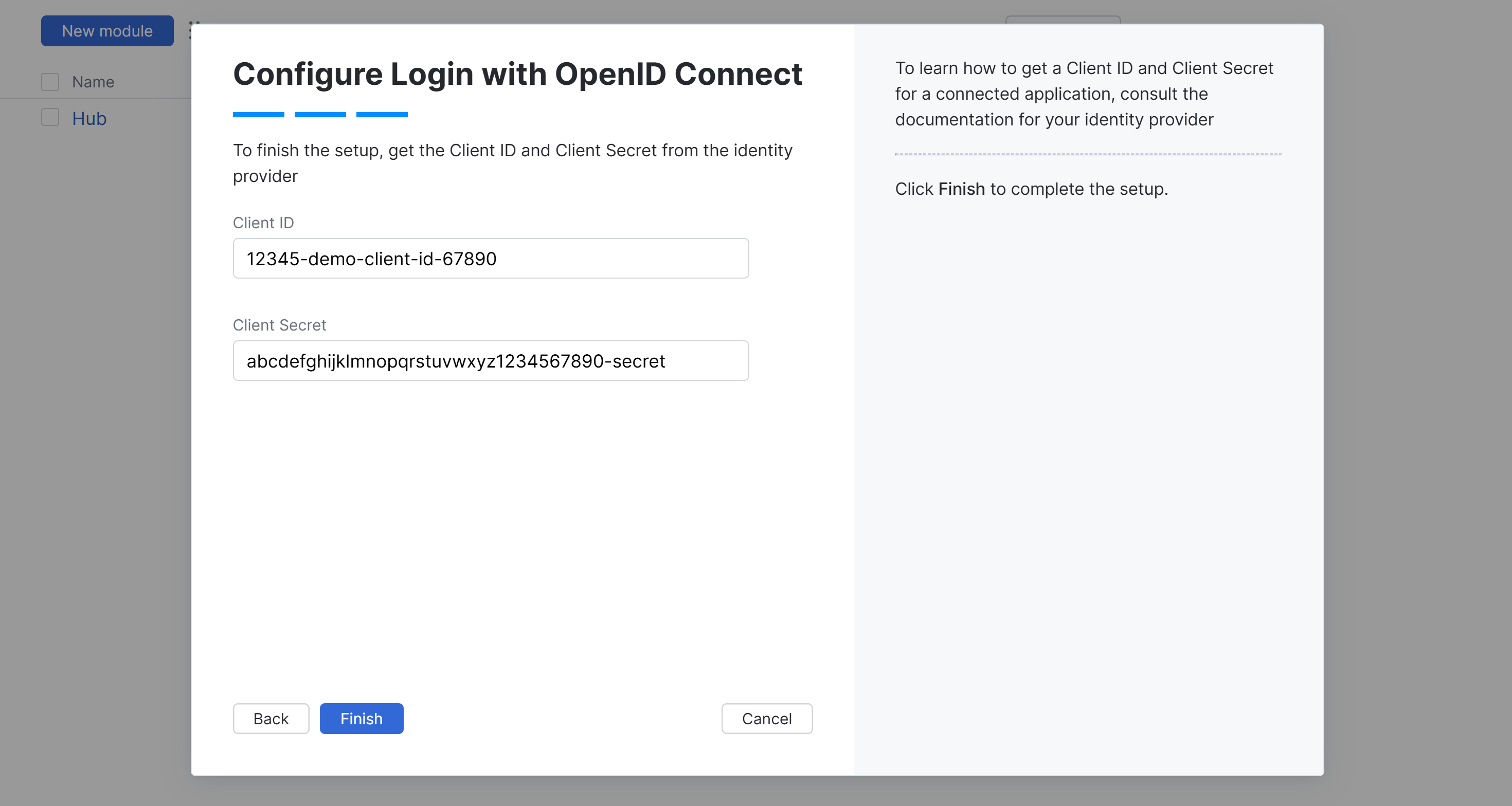 Wizard step for entering the Client ID and Client secret.