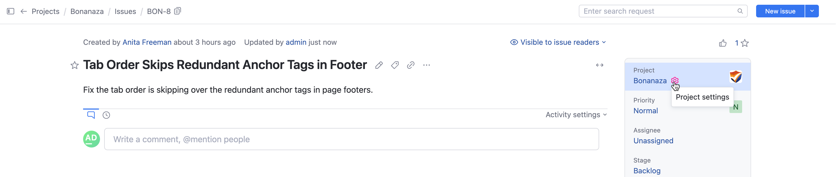 access project settings from single issue view access project settings from single issue view