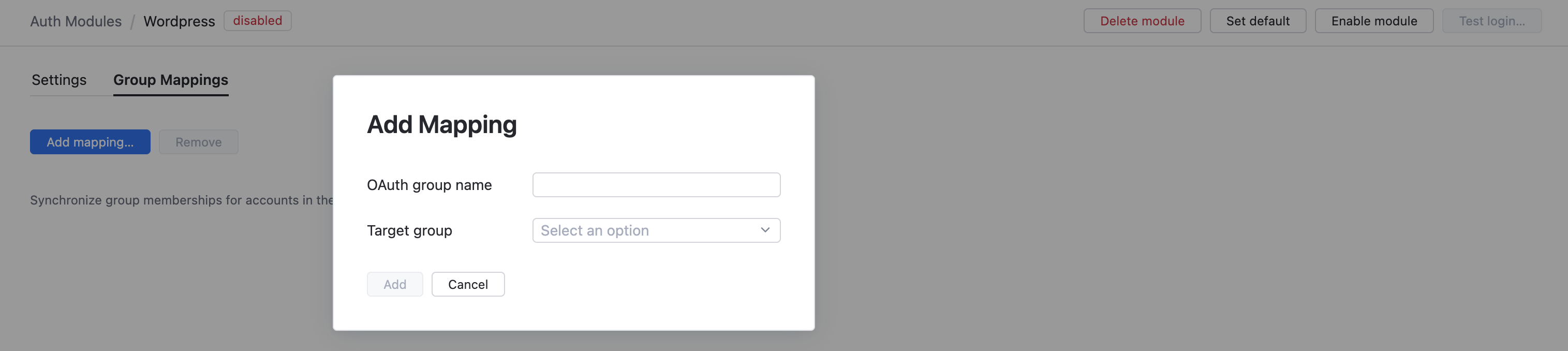 Dialog for adding group mappings. Dialog for adding group mappings.