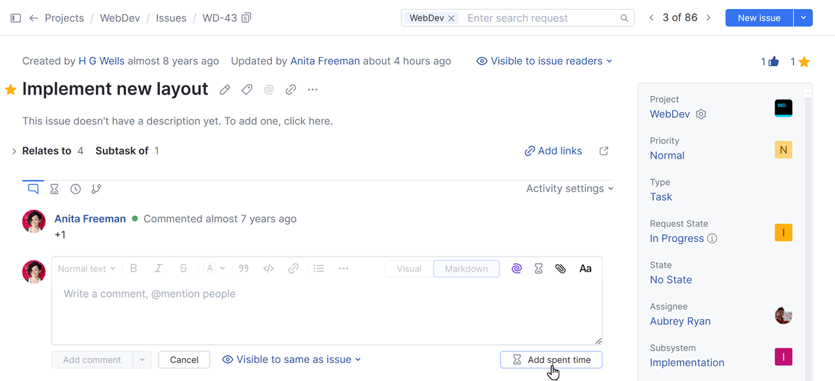 Add spent time action in the issue toolbar. Add spent time action in the issue toolbar.