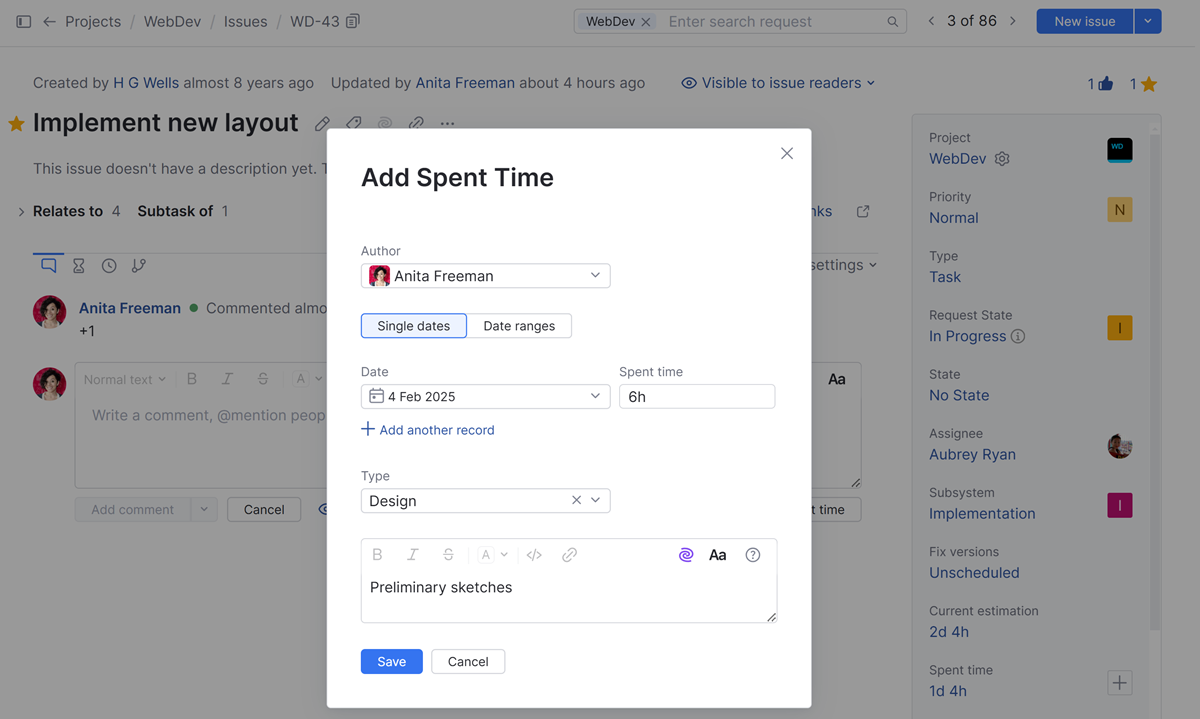 The dialog for adding spent time. The dialog for adding spent time.
