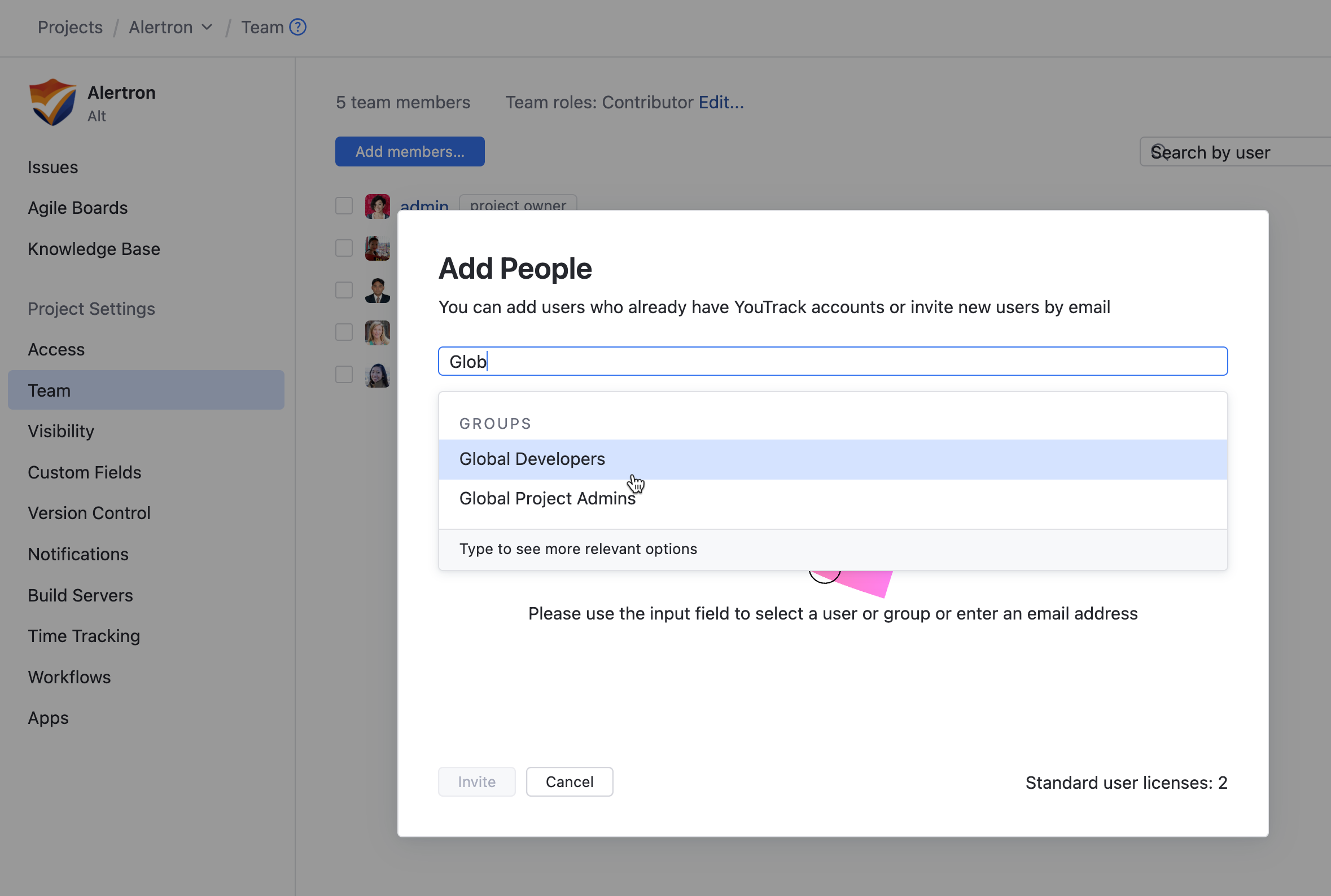 Options for adding groups to a project team. Options for adding groups to a project team.