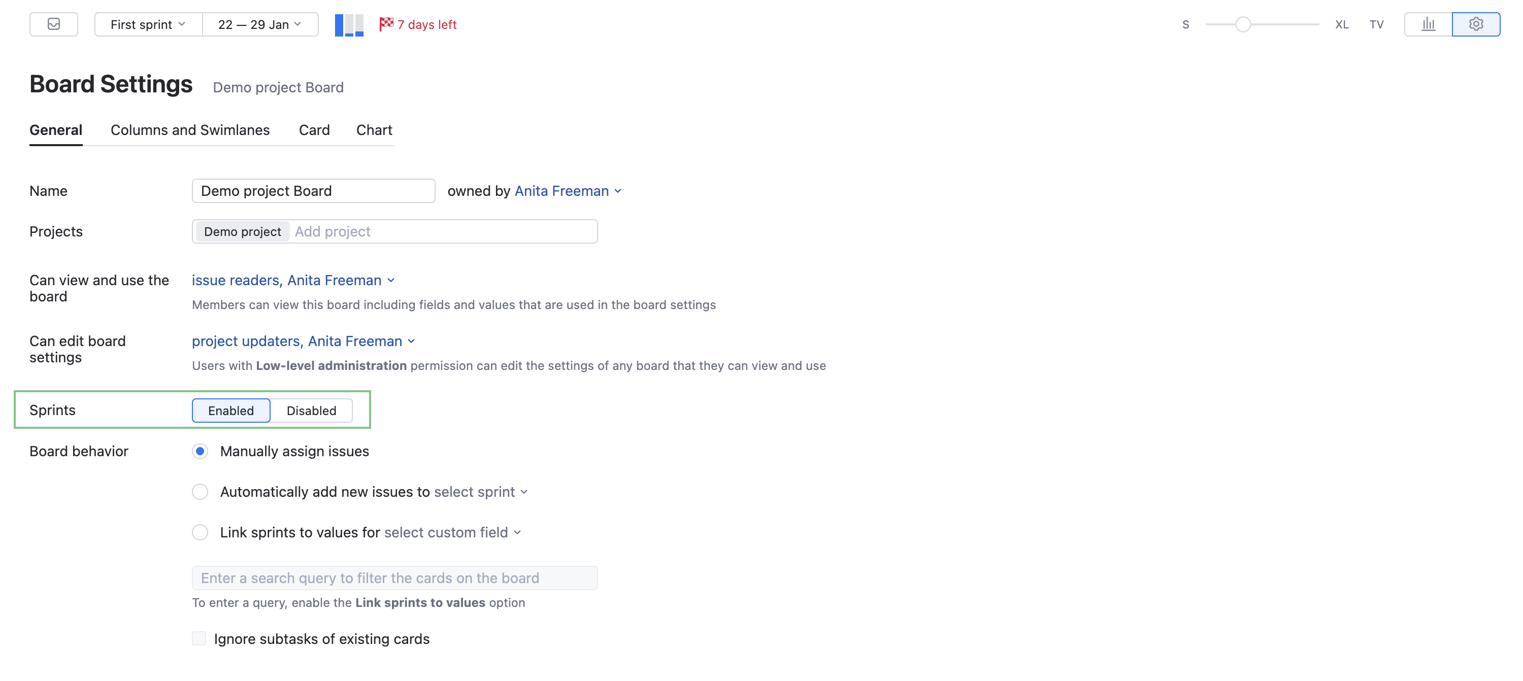 The setting to enable sprints on an agile board. The setting to enable sprints on an agile board.