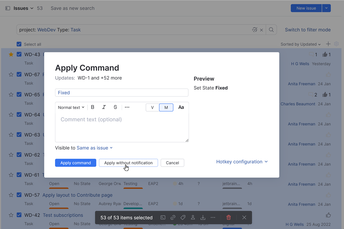 Apply command without notification. Apply command without notification.