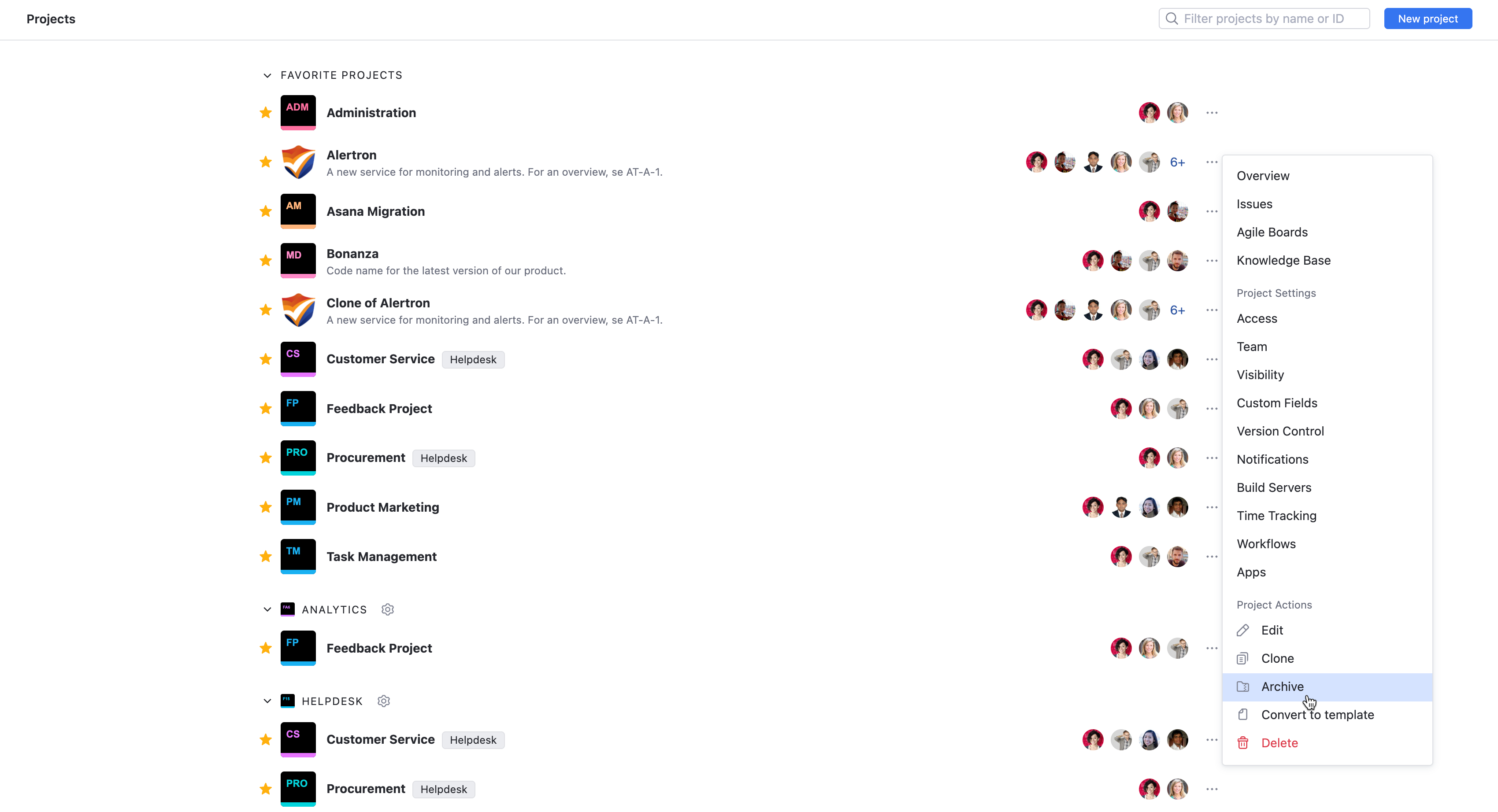 Option to archive a project from the list. Option to archive a project from the list.