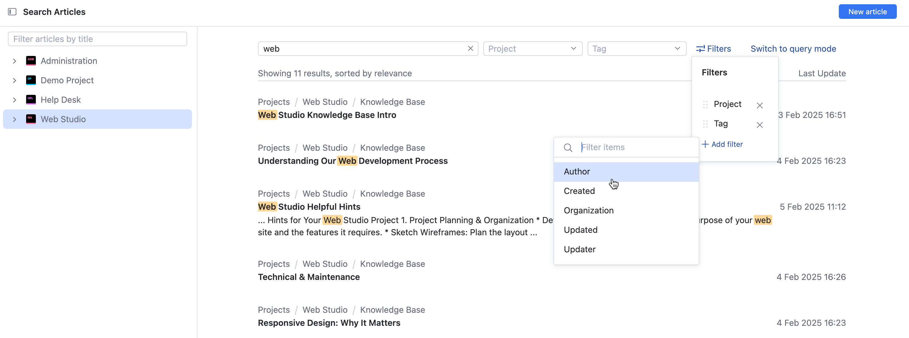 Filter options for article search. Filter options for article search.
