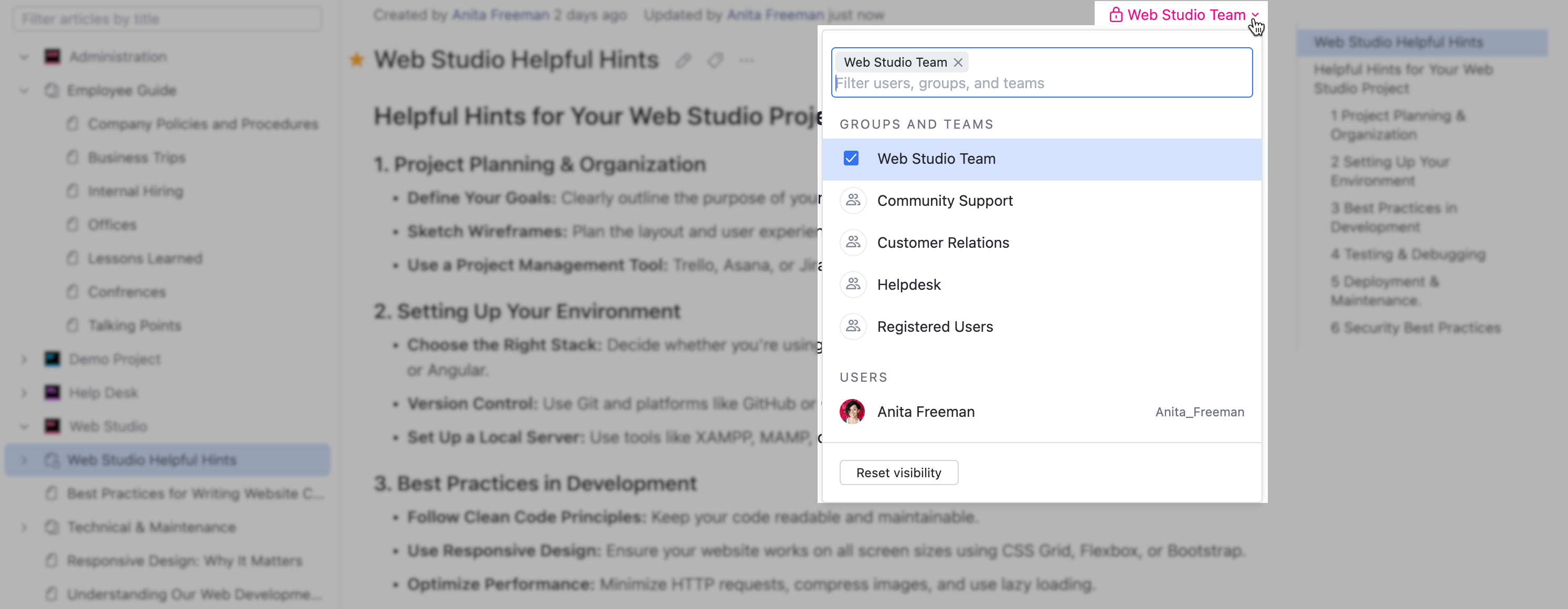 Visibility restriction options for an article in the knowledge base. Visibility restriction options for an article in the knowledge base.