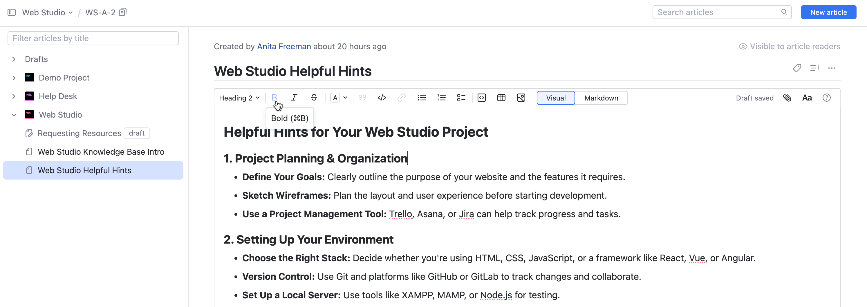 Visual editing mode for articles. Visual editing mode for articles.
