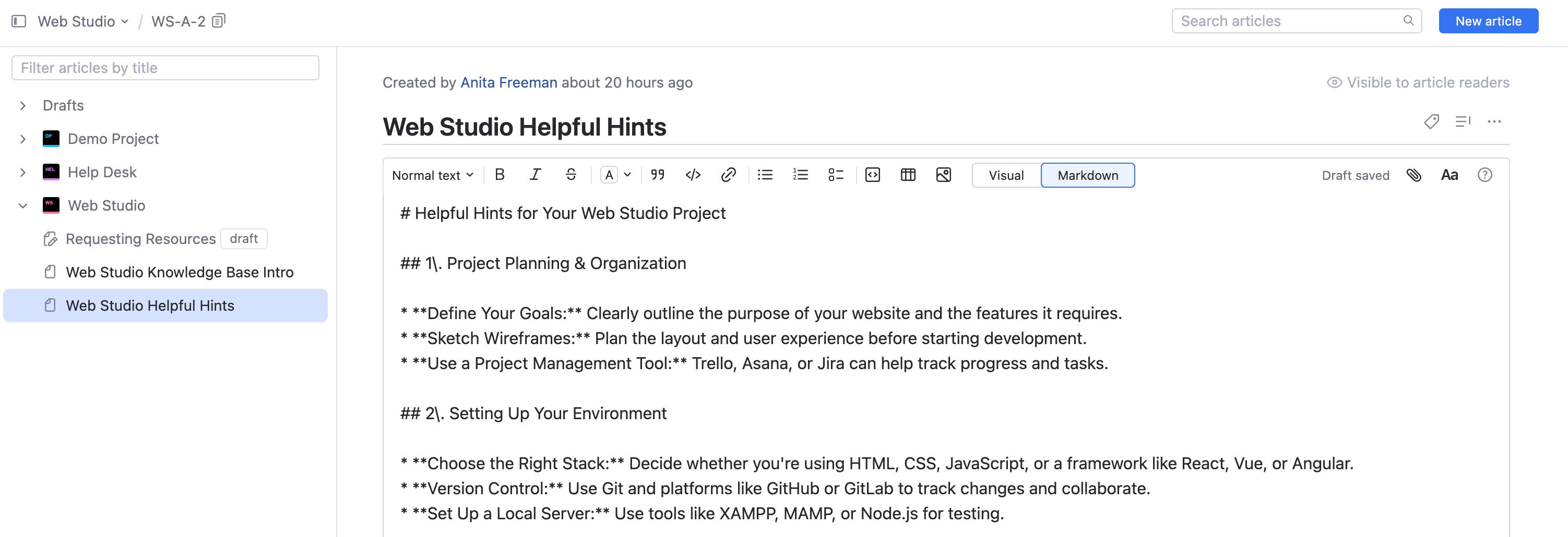 Editing an article in Markdown mode. Editing an article in Markdown mode.