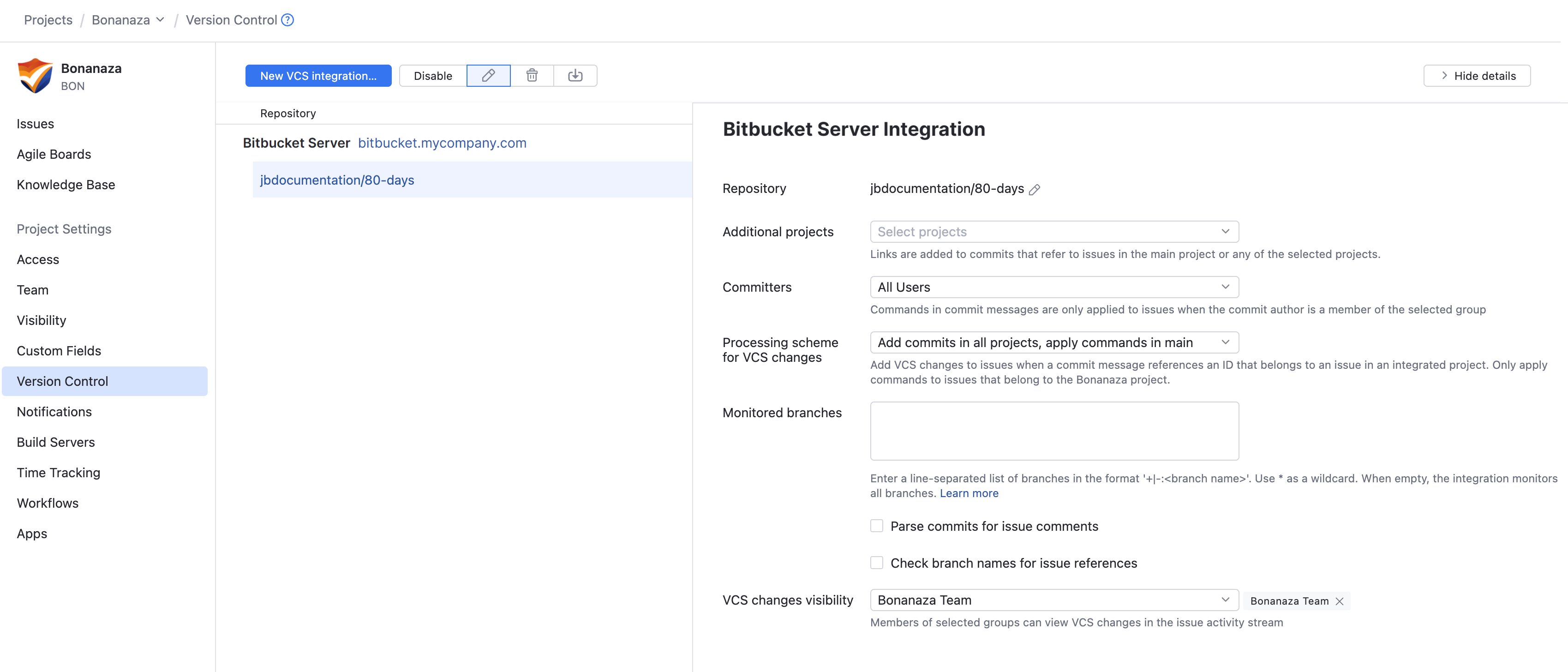 Bitbucket Server integration settings Bitbucket Server integration settings