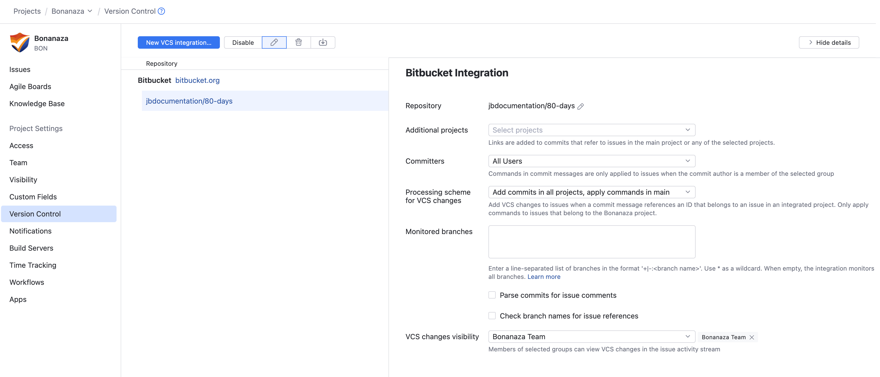 Bitbucket integration settings Bitbucket integration settings