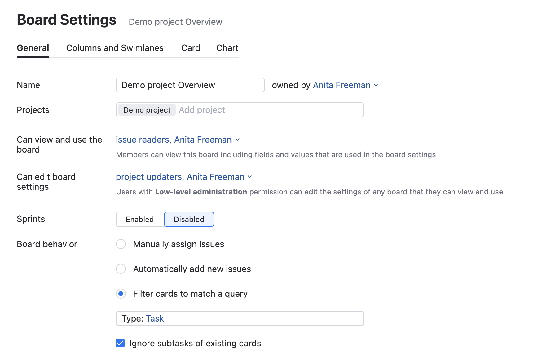 Board settings general Board settings general