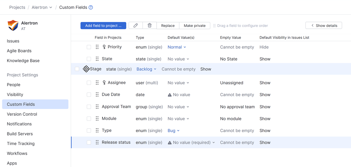Change field order in project Change field order in project